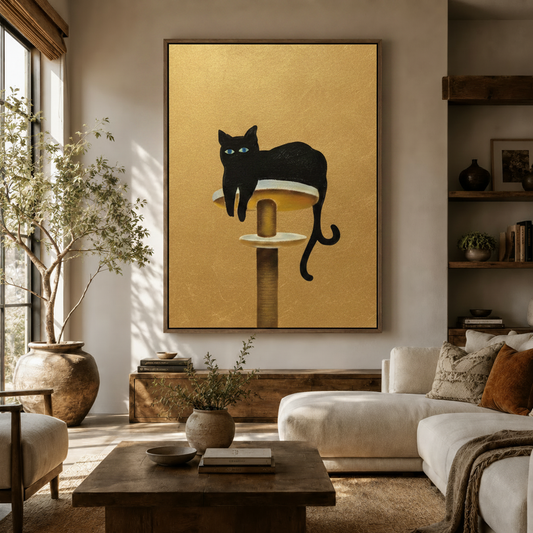 Black cat lounging on cat tree, painterly golden wall art displayed in cozy living room