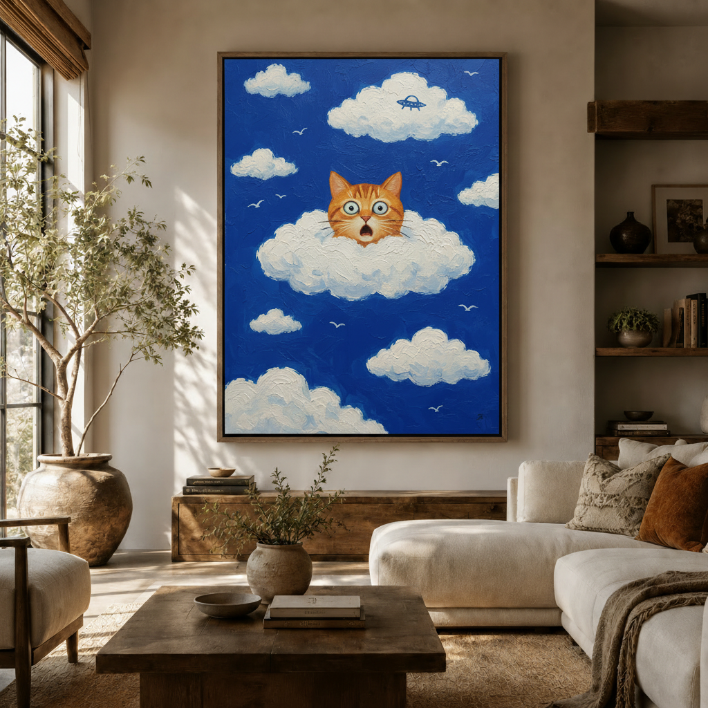 Whimsical cat in cloud impasto canvas print displayed in warm neutral living room above console
