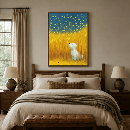 Westie dog golden field canvas print in walnut float frame above cozy bedroom headboard
