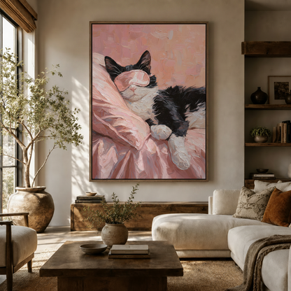 Sleeping cat impasto canvas wall art in dark walnut float frame displayed in a warm neutral living room