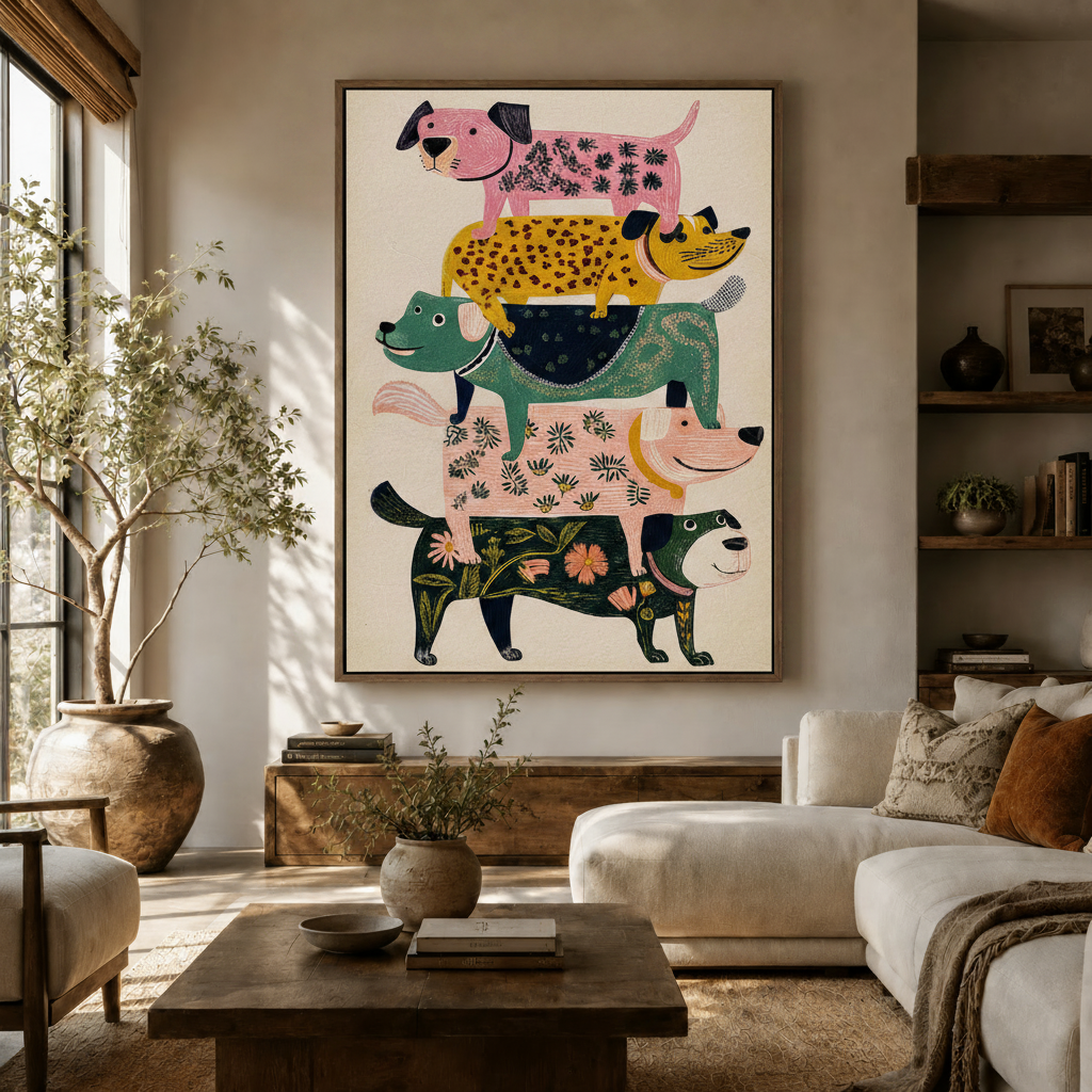 Folk art stacked dogs canvas wall art in dark walnut float frame, styled in a warm neutral living room
