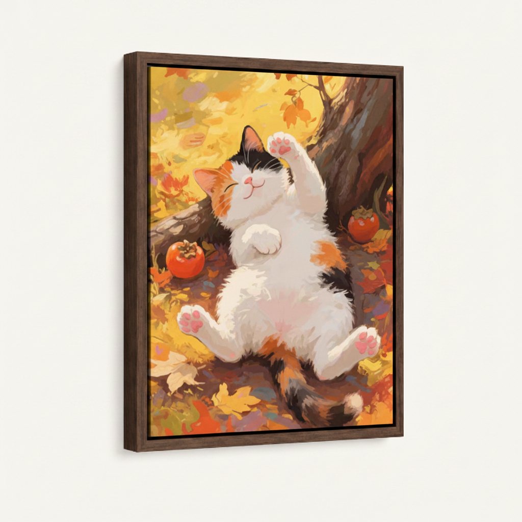 Chubby cat autumn framed canvas wall art – cozy kawaii illustration of round white cat lying in golden maple leaves and apples by Aurewall