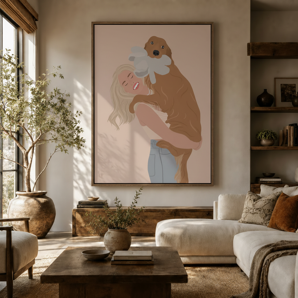 Girl hugging golden retriever dog illustration canvas wall art displayed in a warm living room