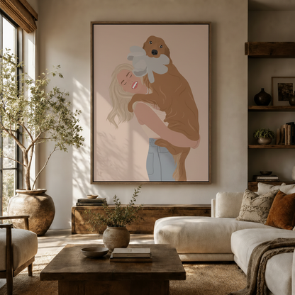 Girl hugging golden retriever dog illustration canvas wall art displayed in a warm living room