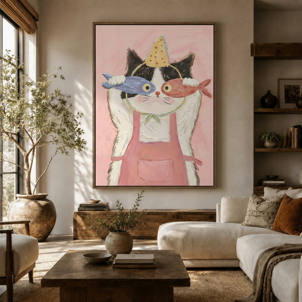 Naive oil painting canvas of tuxedo cat in party hat holding two fish displayed above console in warm living room