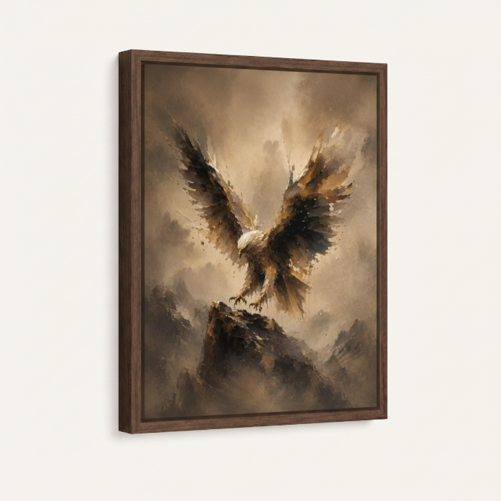 Eagle soaring framed canvas wall art – majestic realist oil painting with eagle wings fully spread launching from rock in dramatic warm light by Aurewall