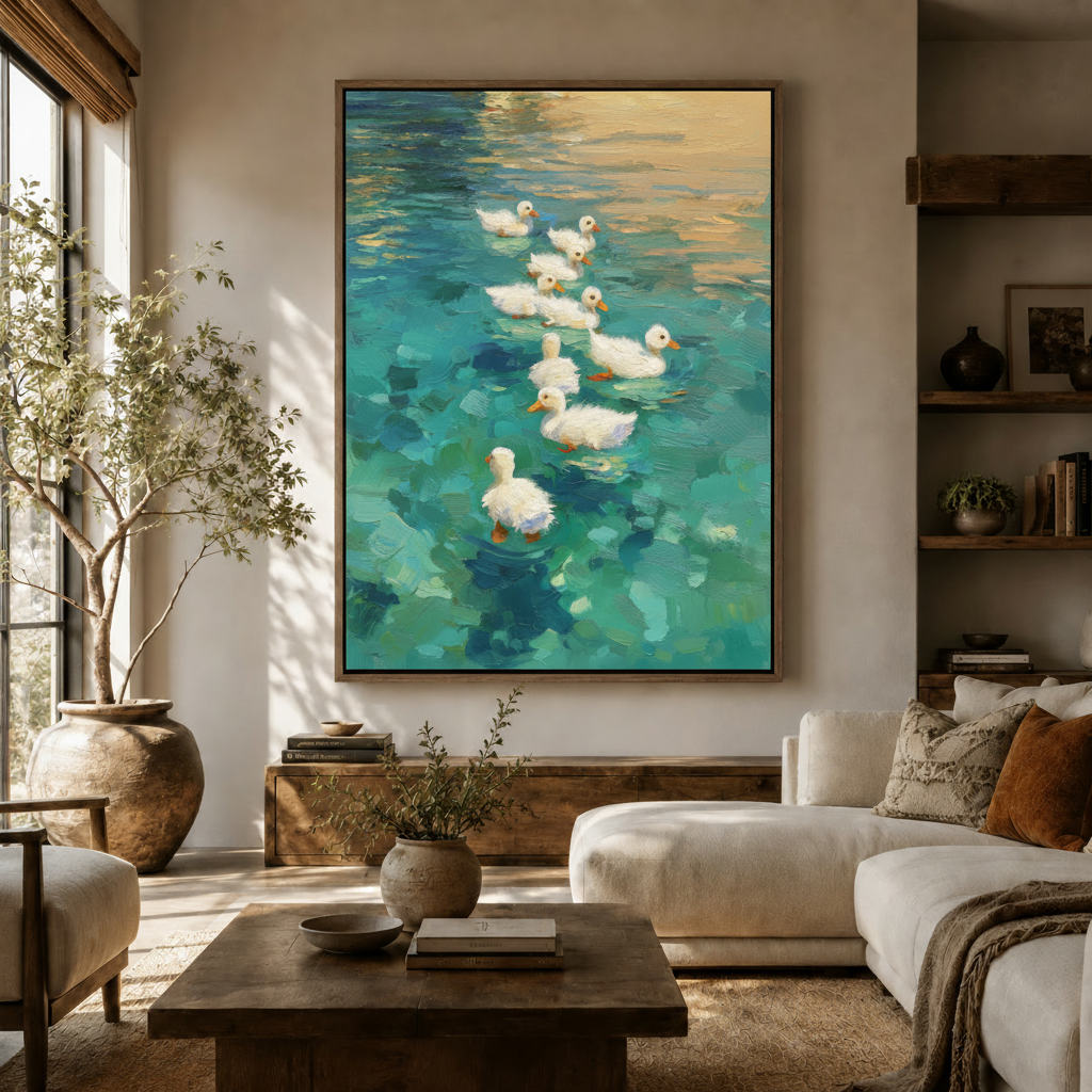 Impressionist white ducks oil painting canvas print displayed large above console in warm neutral living room