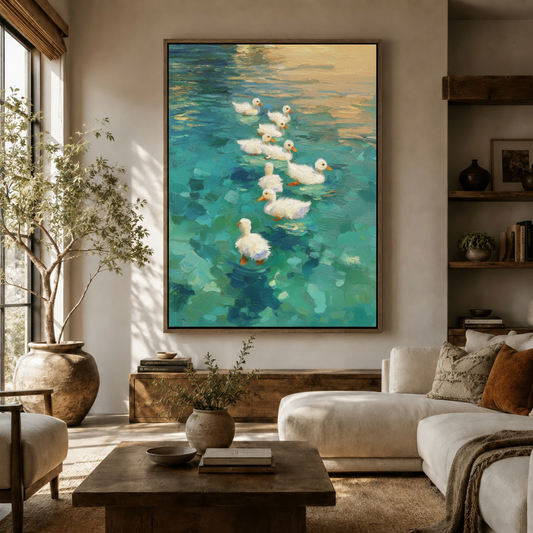 Impressionist white ducks oil painting canvas print displayed large above console in warm neutral living room