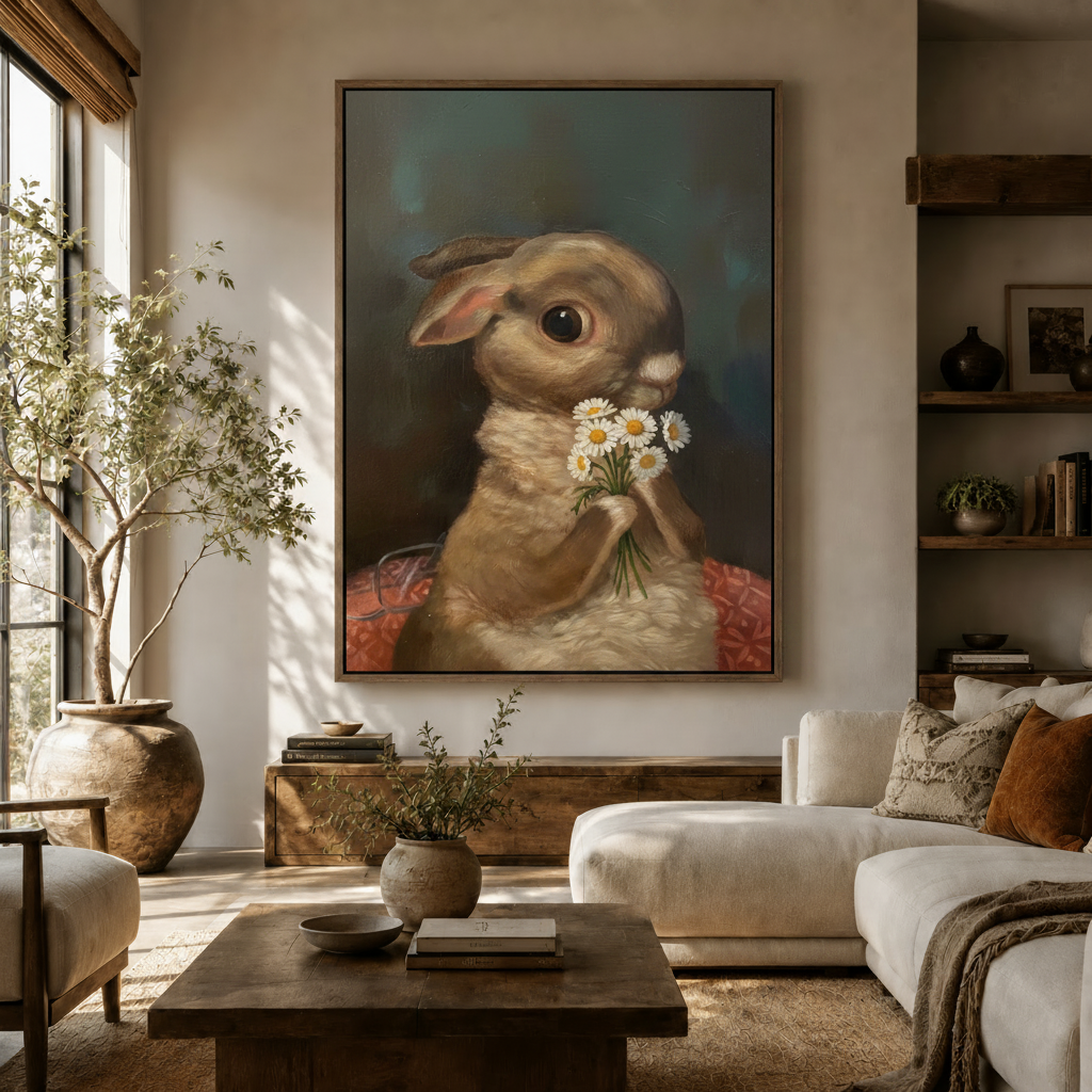 Whimsical rabbit with daisy bouquet oil painting canvas print above sideboard in warm neutral living room