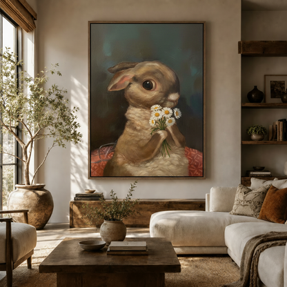 Whimsical rabbit with daisy bouquet oil painting canvas print above sideboard in warm neutral living room