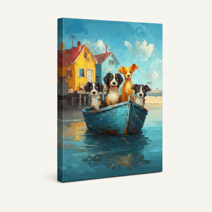 Gallery wrap stretched canvas print of cute dogs in a turquoise boat, colorful harbor oil painting