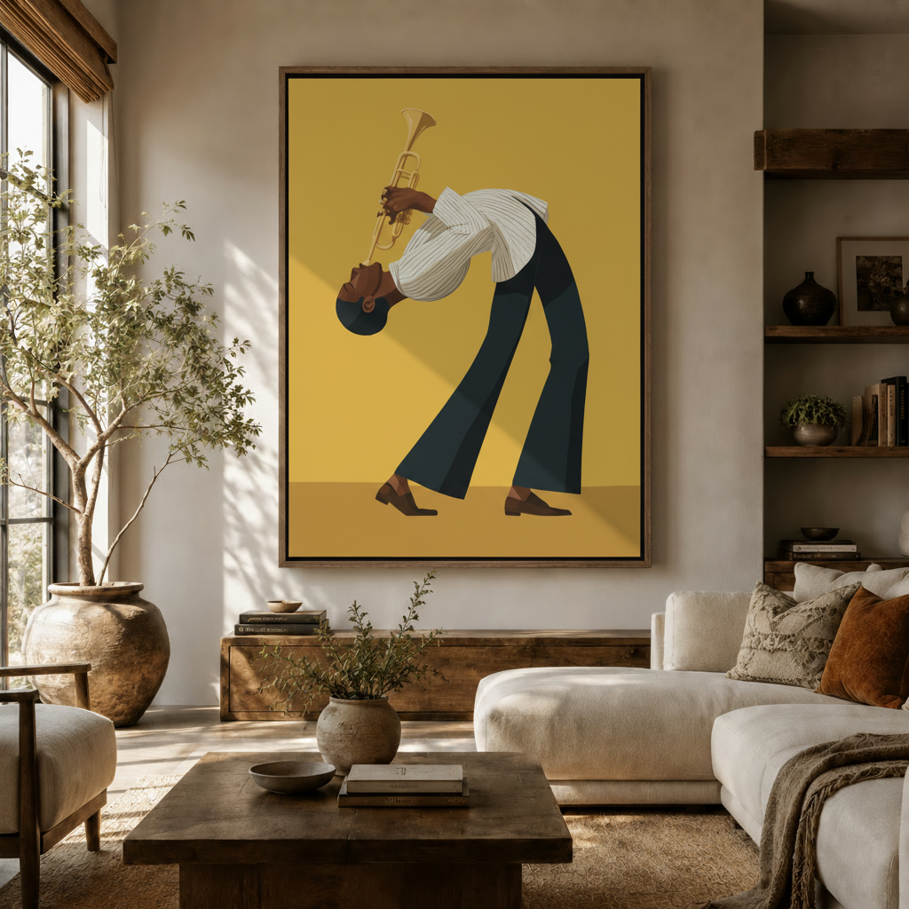 Jazz trumpet player minimalist canvas art hanging in a warm neutral living room above sideboard