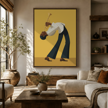 Jazz trumpet player minimalist canvas art hanging in a warm neutral living room above sideboard