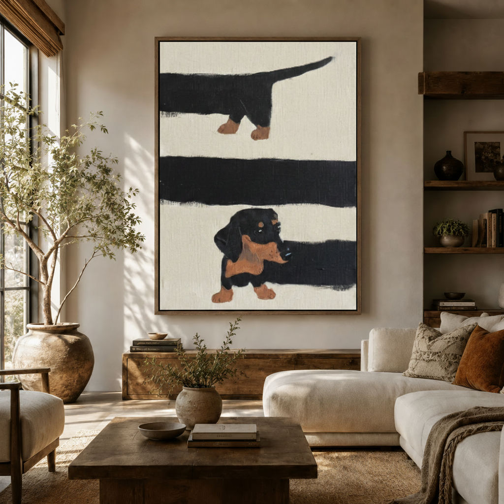Abstract dachshund wall art in walnut float frame above a warm organic modern living room console
