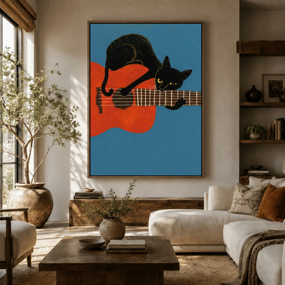 Black cat guitar retro framed canvas wall art displayed in a warm modern living room