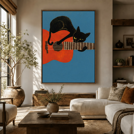Black cat guitar retro framed canvas wall art displayed in a warm modern living room
