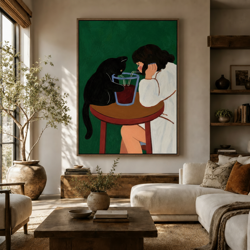 Black cat and girl flat illustration canvas art displayed in a warm neutral living room with olive tree
