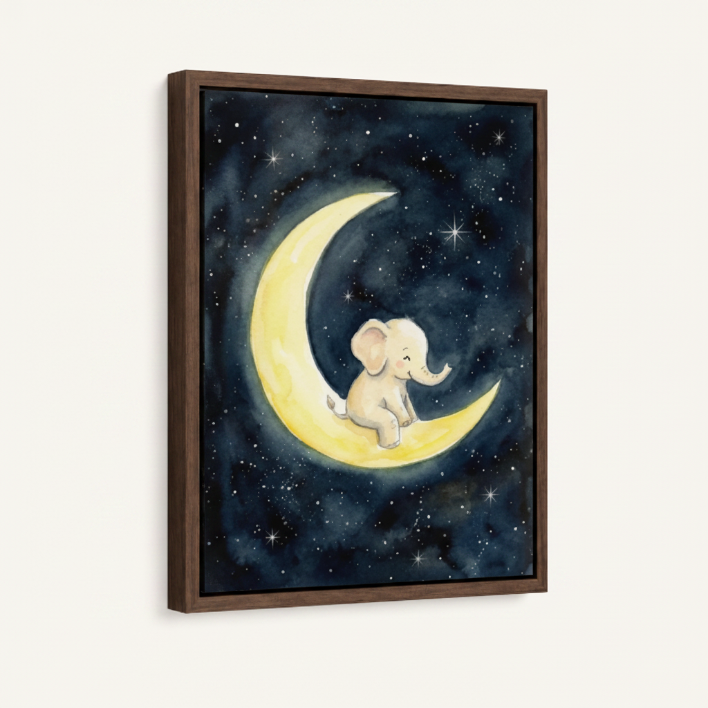 Baby elephant sitting on crescent moon framed canvas wall art – whimsical watercolor nursery print by Aurewall