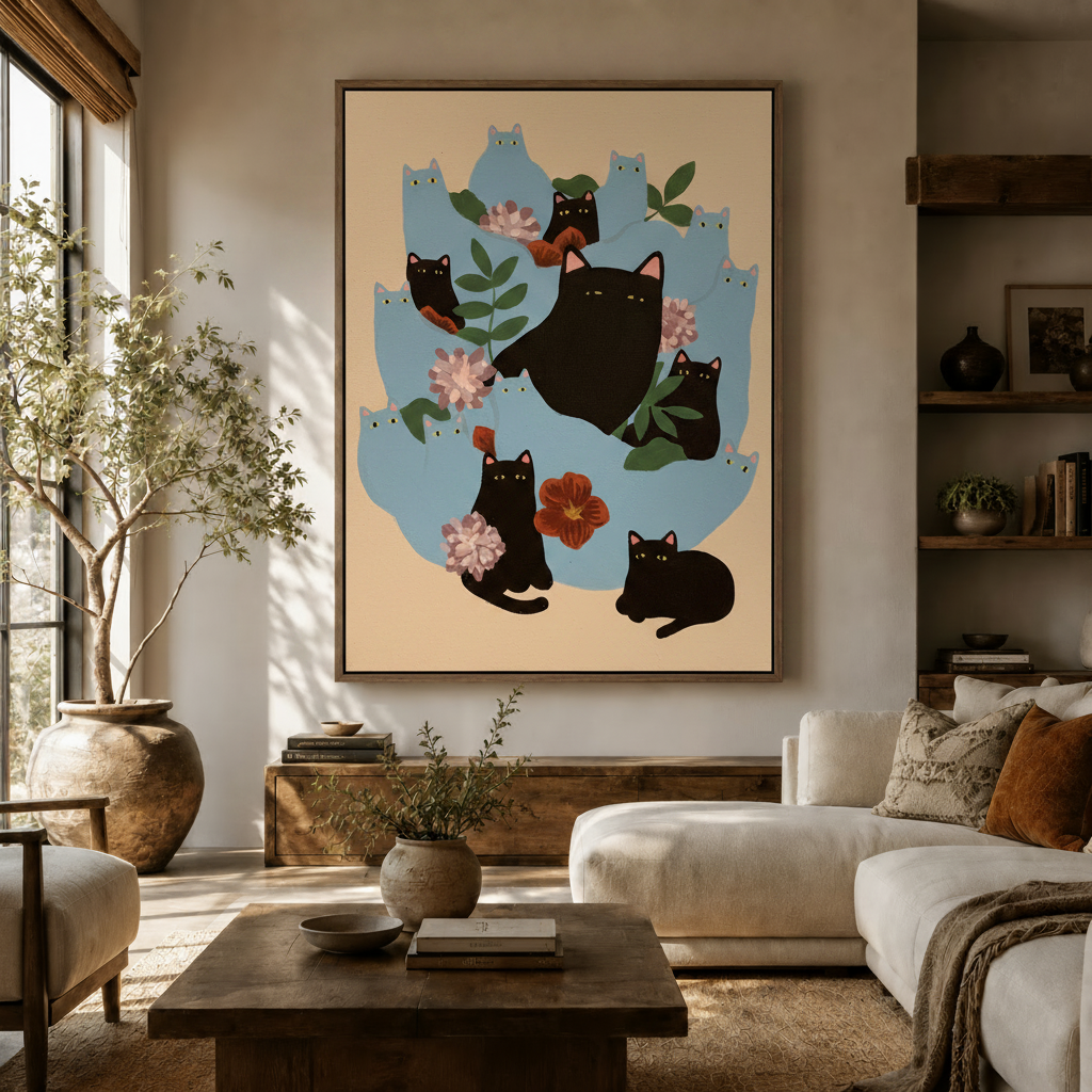 Whimsical black cats and pink floral canvas art displayed in a cozy living room above a wooden sideboard