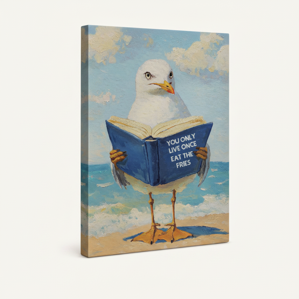 Funny seagull reading book stretched canvas print on cream background, oil painting style