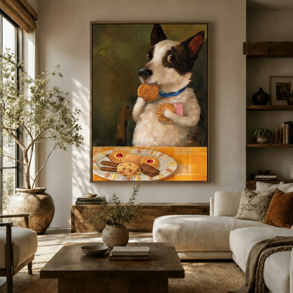 Funny dog cookie thief classical oil painting canvas print displayed in a warm Japandi living room