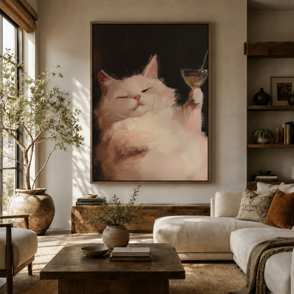 Moody white cat holding martini glass painterly canvas wall art displayed above a wooden sideboard in a warm living room