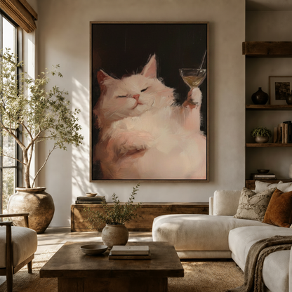 Moody white cat holding martini glass painterly canvas wall art displayed above a wooden sideboard in a warm living room