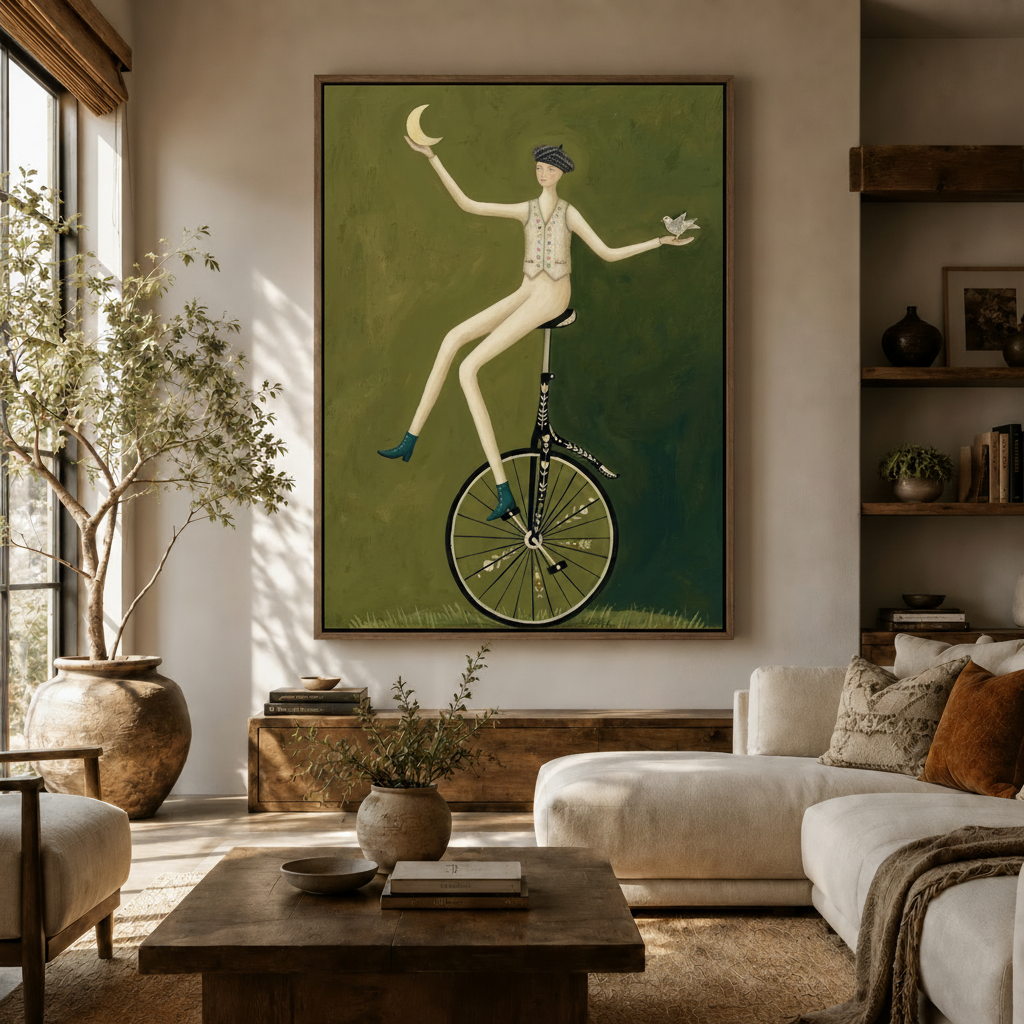 Whimsical unicycle woman folk art canvas displayed above dark wood console in warm neutral living room