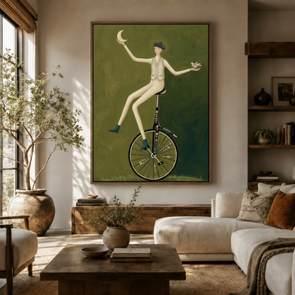 Whimsical unicycle woman folk art canvas displayed above dark wood console in warm neutral living room