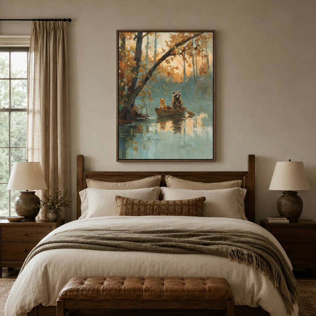 Fox and raccoon rowing boat autumn forest canvas print displayed in cozy bedroom above wooden headboard