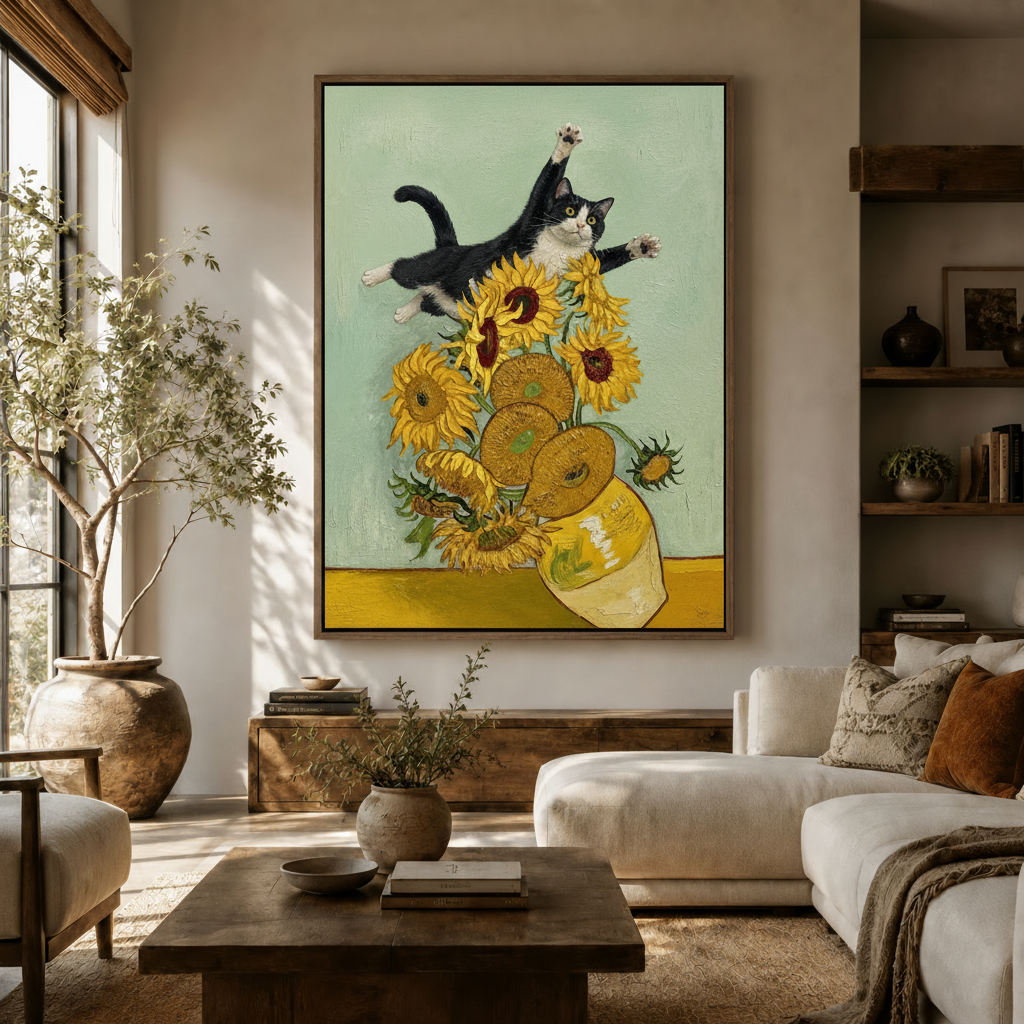 Bold Van Gogh inspired cat canvas print displayed in modern living room above rustic wood console and olive tree