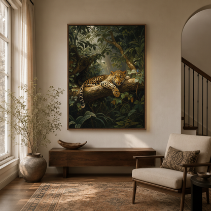 Resting leopard jungle canvas wall art in study – luxury wildlife oil painting as sophisticated statement piece by Aurewall