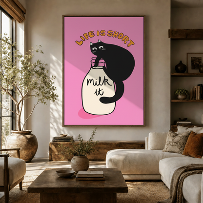 Retro pop black cat canvas wall art with pink background displayed in a warm neutral living room