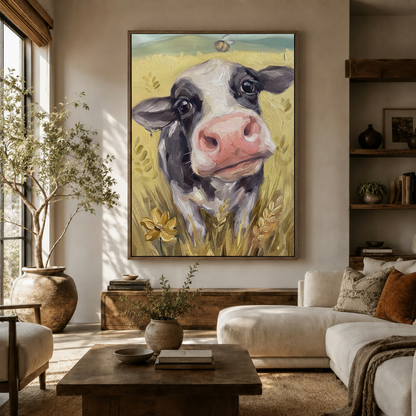Cute cow canvas wall art hanging in a warm neutral living room above a wooden console