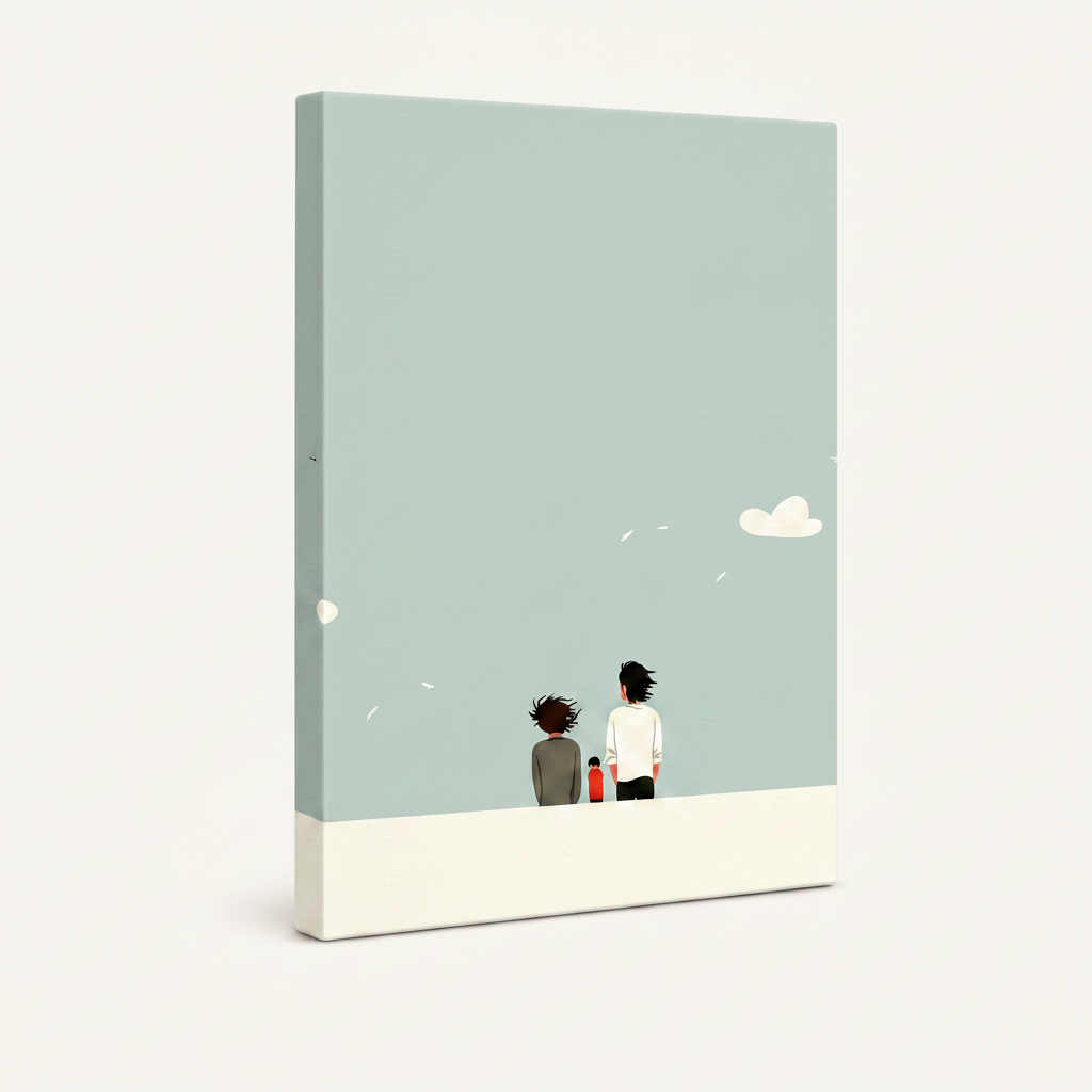Gallery wrap canvas print with minimalist family illustration on off-white background