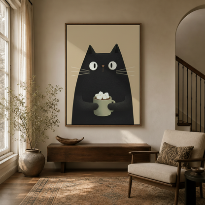 Cozy whimsical cat wall art in a neutral entryway with arched doorway and dried botanicals