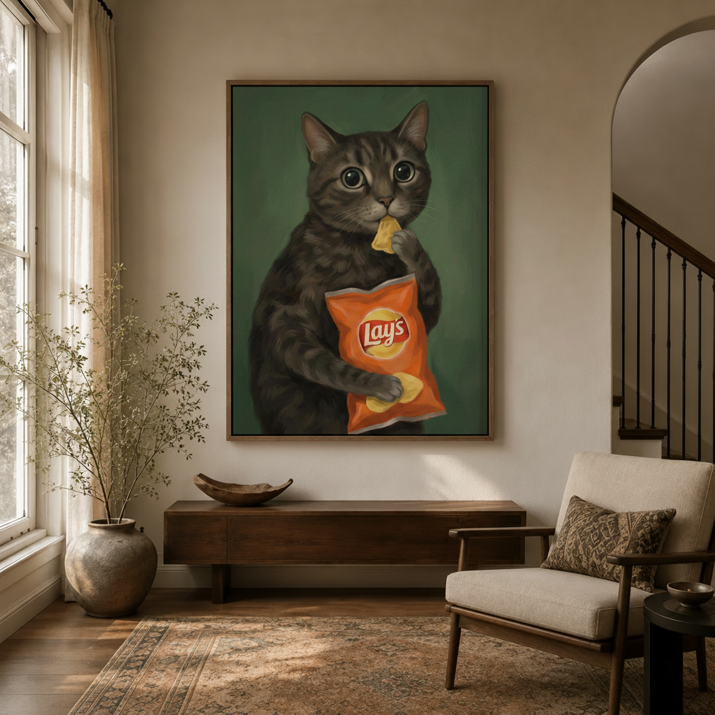 Humorous tabby cat canvas wall art hanging in a warm entryway with wooden console and dried botanicals