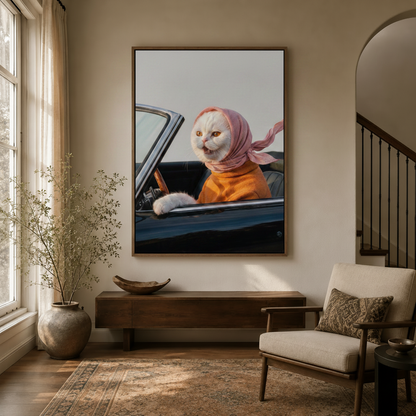Funny driving cat canvas wall art displayed in a bright entryway above a walnut console