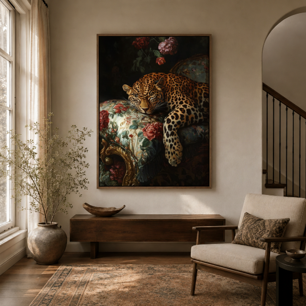 Leopard floral dark baroque canvas wall art in entryway – luxury wildlife oil painting with roses and peonies as dramatic hallway statement piece by Aurewall