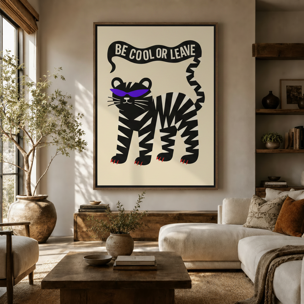 Be Cool Or Leave tiger wall art framed canvas displayed above cream living room sofa