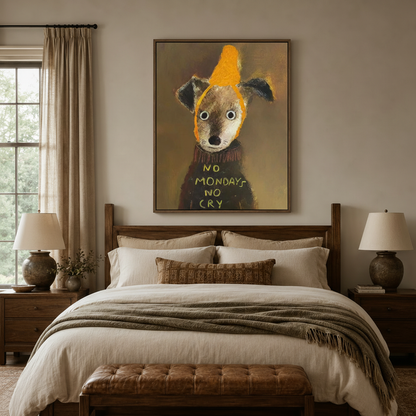 Whimsical brown dog in orange beanie folk art canvas wall art hung above a neutral-toned bedroom headboard