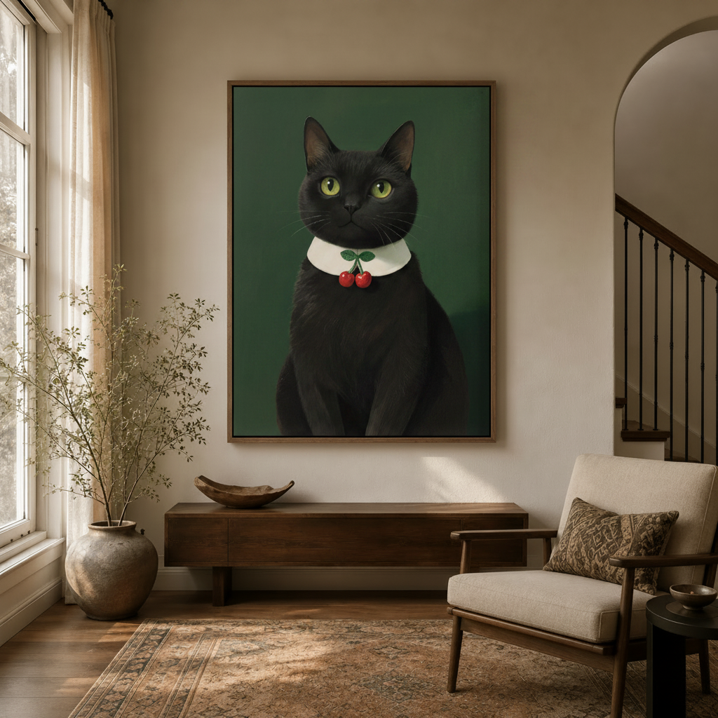 Classic cat portrait canvas hanging in a warm entryway hallway with arched doorway