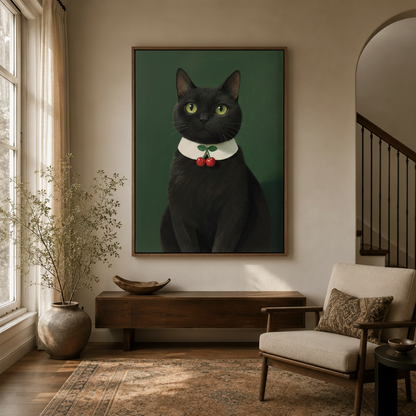 Classic cat portrait canvas hanging in a warm entryway hallway with arched doorway