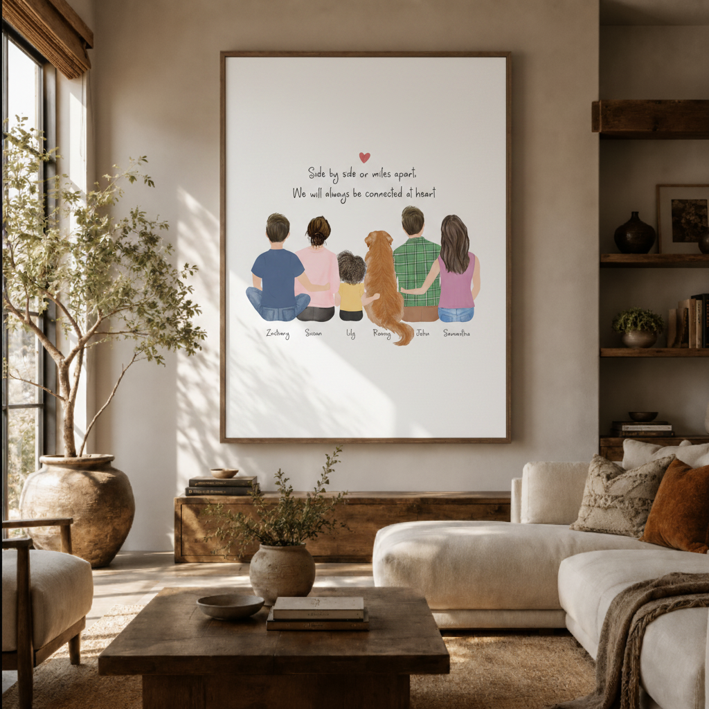 Family love canvas wall art – minimalist line art print of family sitting together with heartfelt quote, living room decor by Aurewall