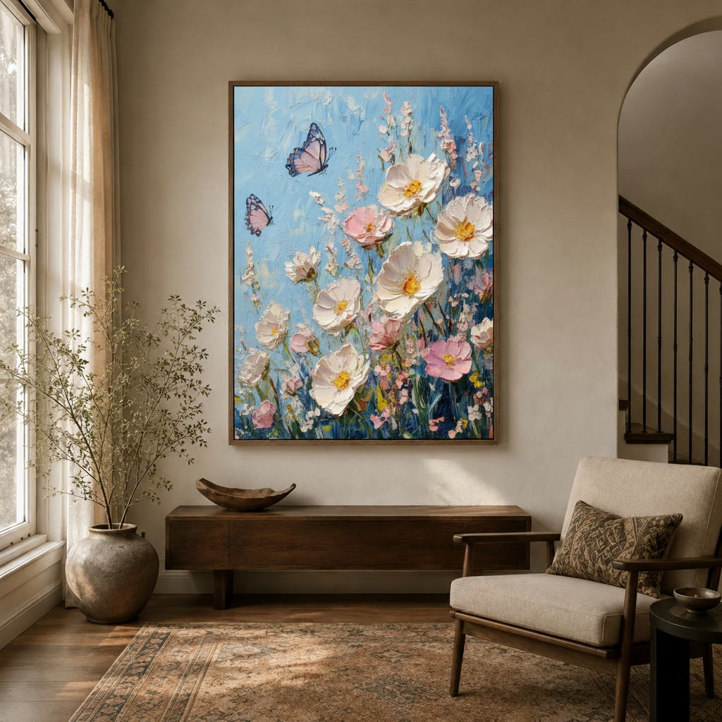 Large textured floral painting in floating frame hung in a bright entryway with natural light