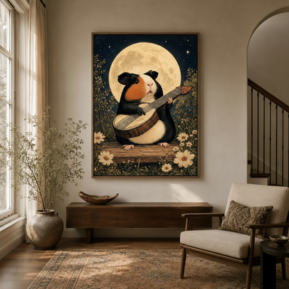 Moonlight guinea pig vintage canvas wall art hanging in cozy entryway with arched doorway