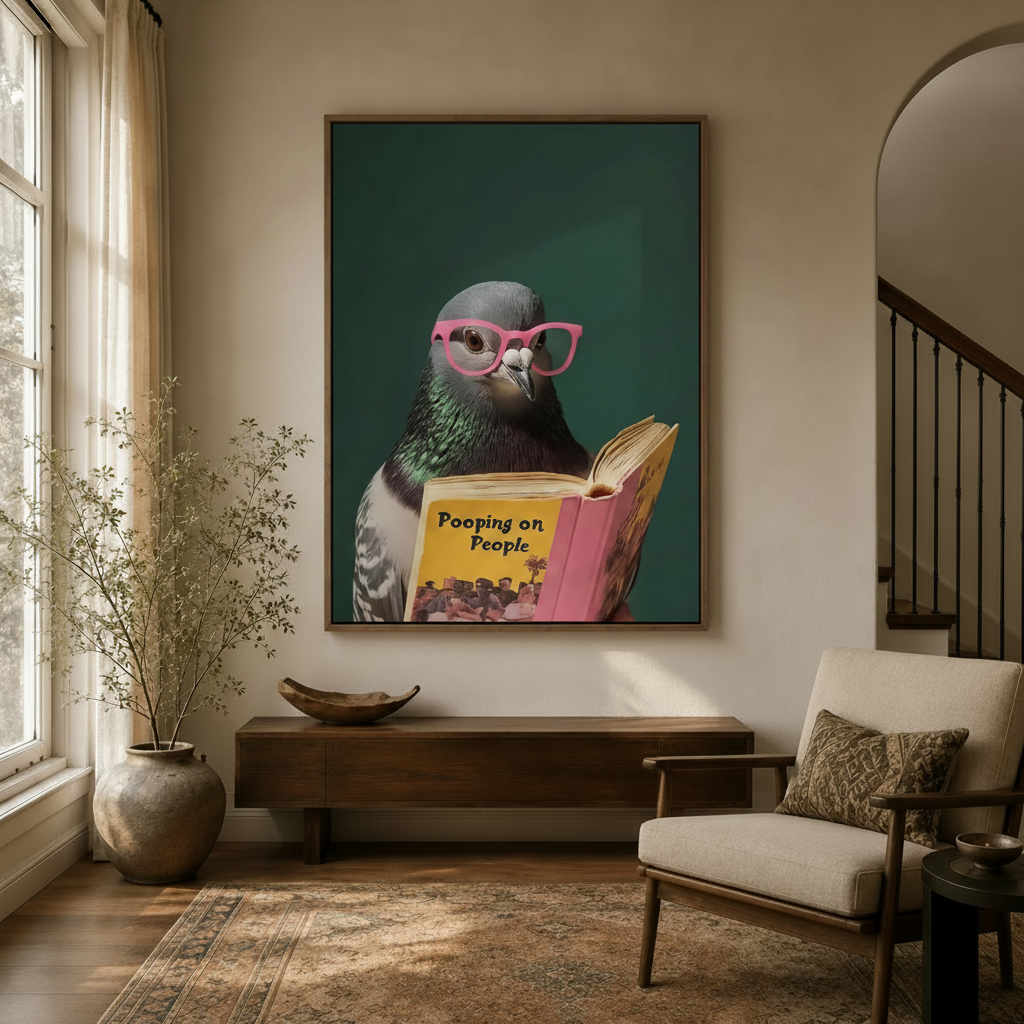 Humorous pigeon in pink glasses framed canvas art hanging in a bright sunlit entryway with modern home decor
