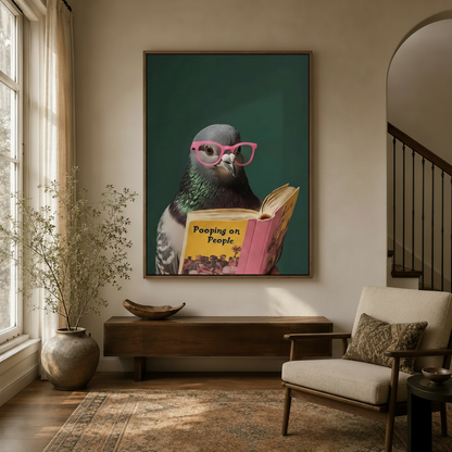Humorous pigeon in pink glasses framed canvas art hanging in a bright sunlit entryway with modern home decor