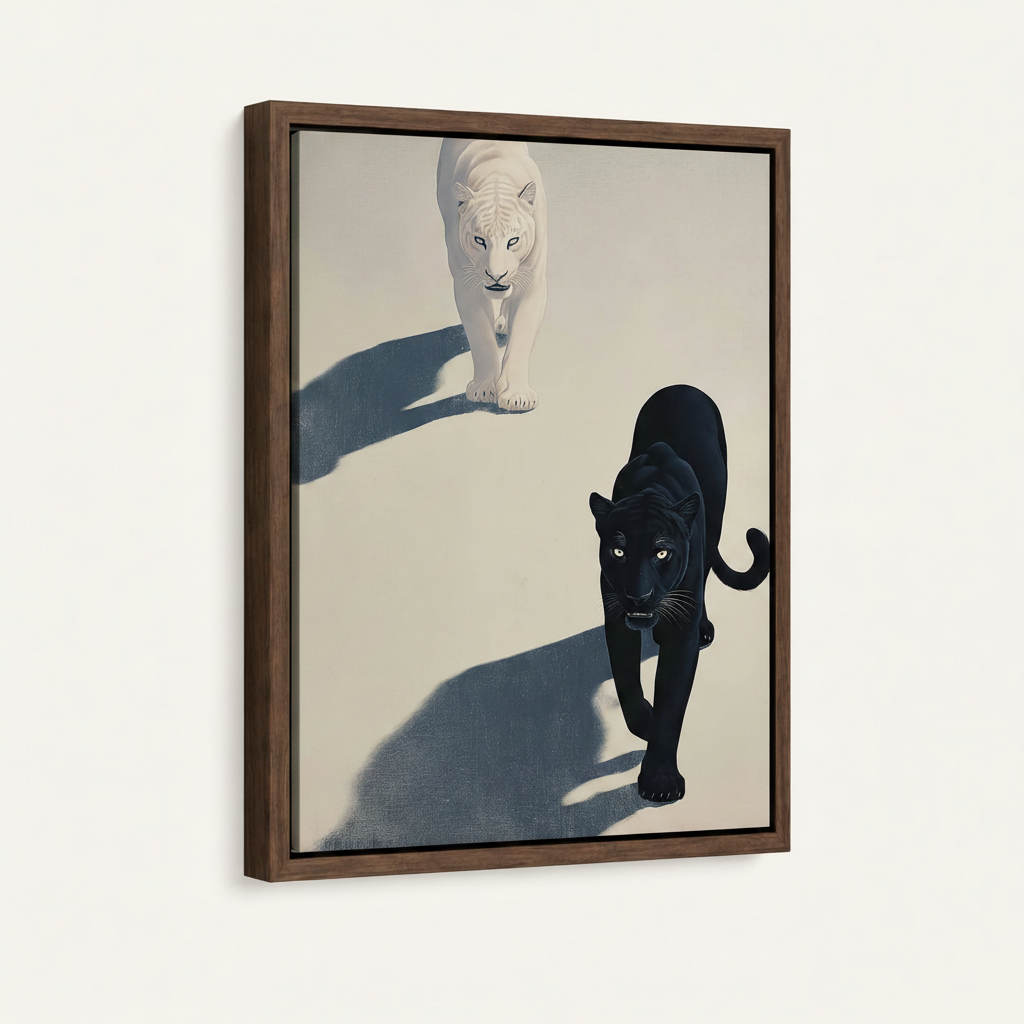 Framed float canvas of white and black panther facing viewer, dark walnut frame, clean background product shot