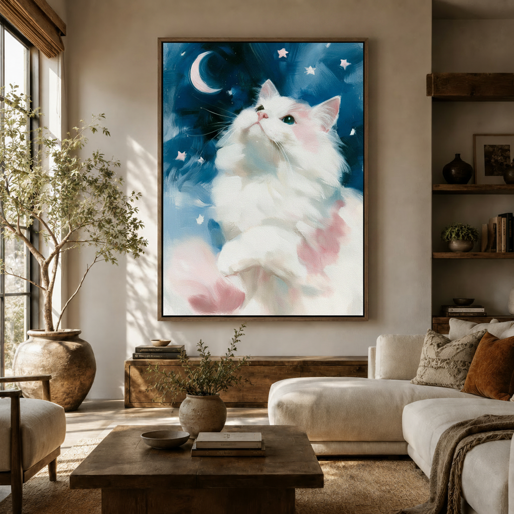 Dreamy white cat gazing at moon and stars framed canvas above cream living room sofa